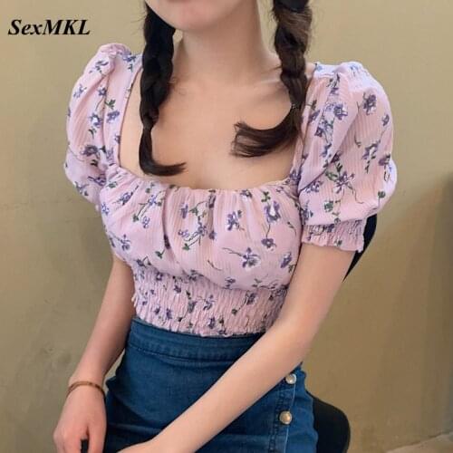 Summer Purple Crop Tops Women 2021 Fashion Floral Print Puff Sleeve Sexy Corset Blouse French Slim Bustier Black Blusas Mujer