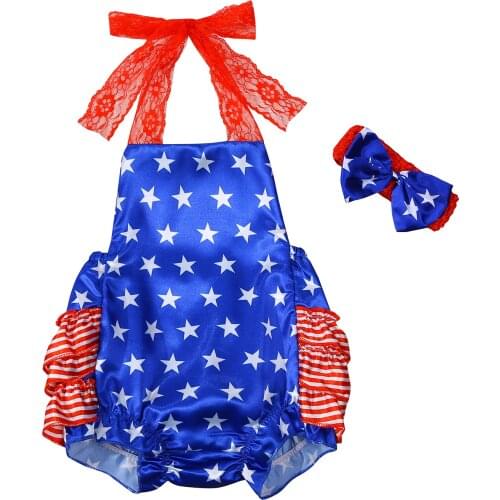 Summer Baby Girls Outfit Independence Day Creative Star Printing Lace Splicing Sleeveless Hanging Neck Romper + Bow Headwear