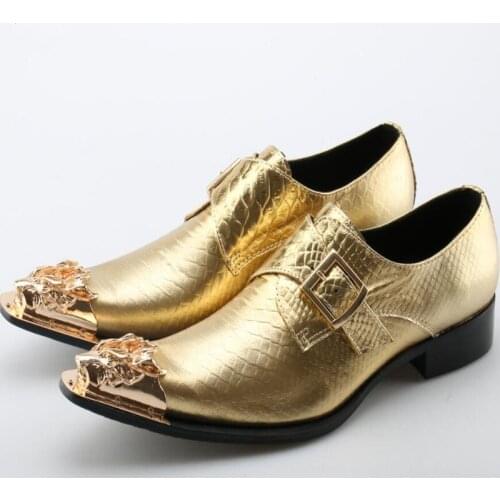 100% Leather Brand New Men Shoes Handmade Pointed Gold Metal Toe Dress Shoes Men Shiny Wedding/Party Shoes Sapatos Masculino
