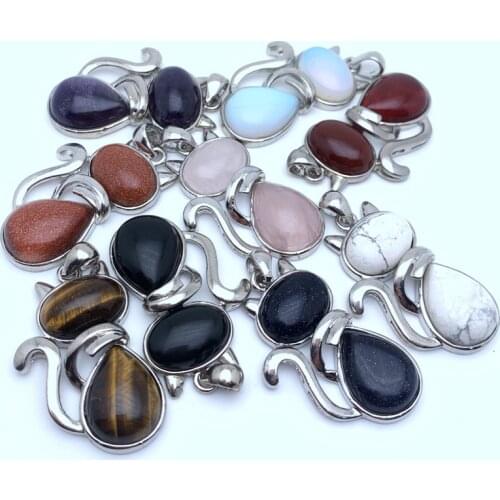 Natural Stones Cat Shape Flat Bead Pendant Cute Kitten Plated Pendants For Jewelry Making DIY Reiki Necklaces Accessories