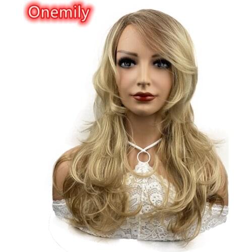 Onemily Long Wavy Heat Resistant Synthetic Ombre Wigs for Women Girls with Bangs Theme Party Out Fun Blonde with Dark Roots