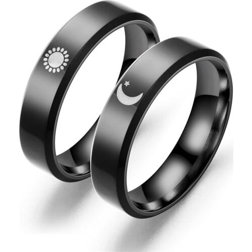 2PCS/SET Simple Moon Sun Couple Rings for Lovers Friendship Black Stainless Steel Women Men Wedding Ring Valentines Day Gifts