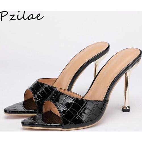 Pzilae Sexy Snakeskin Women Slippers Mule High Heels Slippers Sandals Flip Flops Pointed Toe Slides Party Shoes Woman Size 35-42