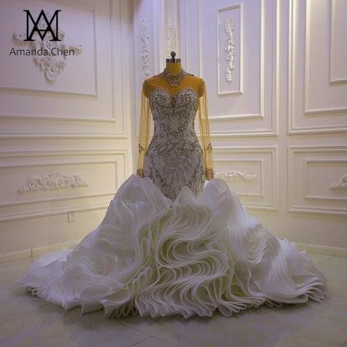 Robe blanche African Bride Crystal Beading Full Sleeve Ruffle Mermaid Wedding Dress