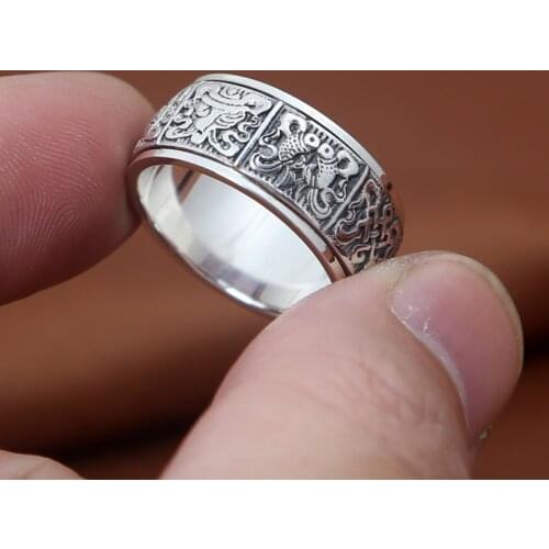 S925 real silver ring for men and women Buddhist eight treasures auspicious Thai silver personality can turn men and women rings
