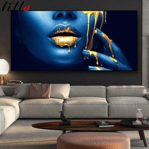 Sexy African Woman Gold Girl Face Canvas Prints On The Wall Posters And Prints Golden Lips Wall Art Frames Home Decor