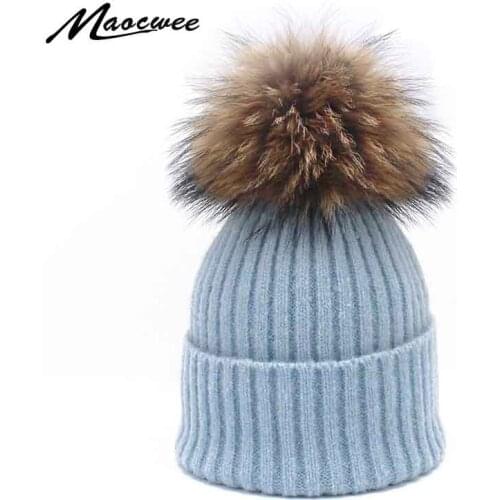 Real Fur Pompom Beanie Hats Winter Hat For Women Girls Wool Hat Knitted Cotton Beanies Outdoor Warm Cap Skullies Beanies gorras