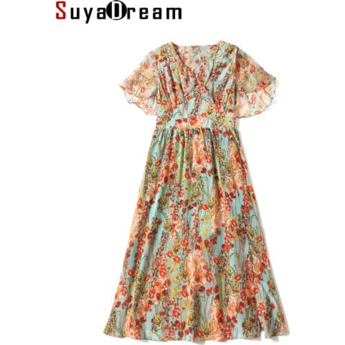SuyaDream Woman Long Floral Dress 100%Silk Crepe A line Embroidery V neck Dresses 2021 Autumn Summer Bohemian Dresses