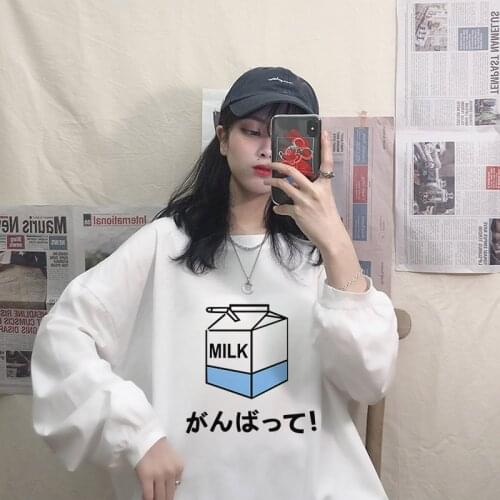 Ulzzang Japan Sweatshirt cute Retro kawaii loose casual tops Harajuku milk box Cartoon fun print oversized female warm clothing