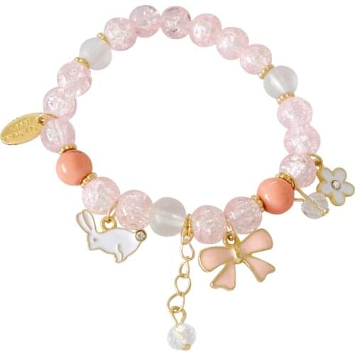 Japan Beaded Animal Rabbit Bowknot Bracelets with Sakura Flower Cute Fake Pink Crystal Charms Bracelet For Kids Student Girl