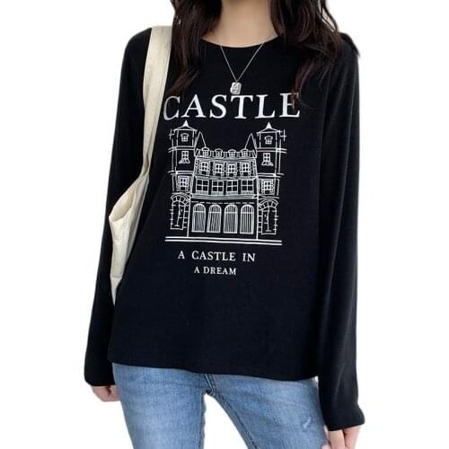 New Women Spring Autumn building pattern Letter print O-neck casual long-sleeve cotton loose Female All-match T-shirt tops