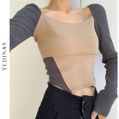 Yedinas 2021 Spring Patchwork Slim Sexy T-shirt Long Sleeve Vintage Designer Tshirt Irregular Streetwear Korean Knitted Tops Tee