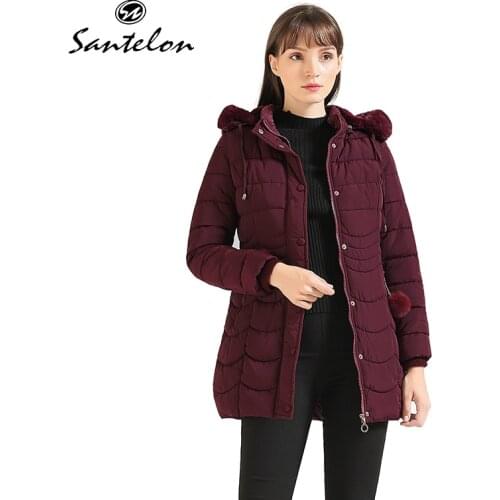 SANTELON 2020 Womens Winter Plus Size Padded Jacket With Fur Hood Parka Lady Long Slim Coat Memory Cotton Warm Clothing S20007