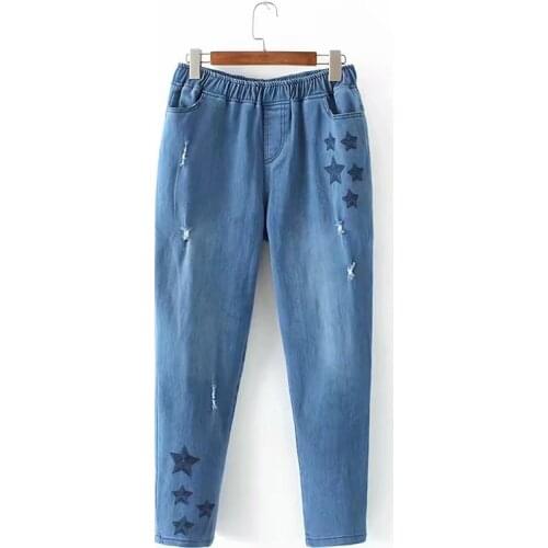 Plus Size XL-3XL Womens Stretchable Jeans Star Embroidery Ripped Casual Slim Denim Pants