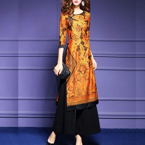 2021 Fashion Autumn Women 2 Pieces Set Long Black Wide Leg Pants + Vintage Printed Split X-long Blouse Office Lady Elegant Suit