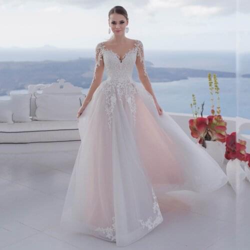 Thinyfull 2020 Princess Blush Pink Wedding Dresses A Line Sheer Scoop Neck Bride Dresses Tulle Lace Appliques Vestidos de novia