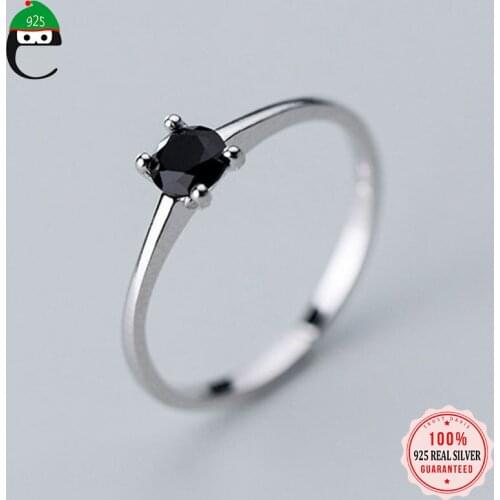 ElfoPlataSi Genuine 925 Sterling Silver Fashion Sweet Minimalist Black CZ Opening Ring For Women Mothers Day Fine Jewelry DD704