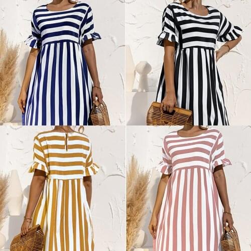 2021 Summer New Fashion O Neck Womens Dress Casual Loose Solid Short Sleeve Ruffle Patchwork Pocket Ladies Stripe Dress