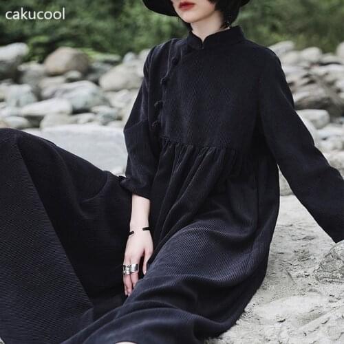 Cakucool 2021 Fashion Womens Solid Frill Chinese Style Stand Collar Corduroy Dress Party Beach Holiday Lady