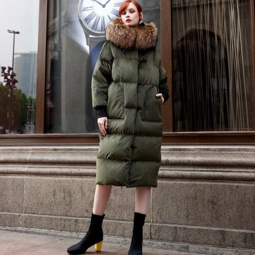 Winter Over The Knee Long velvet Fabric Duck Down Coats Female Thicker Warm Fluffy Down Fur Coats Real Fur Hooded Parkas F2292