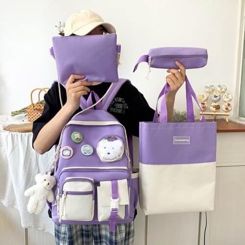 2021 New 5 Pcs Sets Purple Colour Childrens School Backpack Kawaii Womens Backpack Bookbag School Bags for Teens Girls Mochila