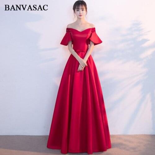 BANVASAC 2018 V Neck Crystal Short Sleeve Long Evening Dresses Elegant A Line Bow Sash Backless Party Prom Gowns