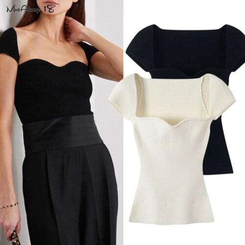 Mnealways18 Slim Sexy Knitted Blouse Women White Basic Knitwear Top Female Summer Short Sleeve Cropped Black Top Streetwear 2020
