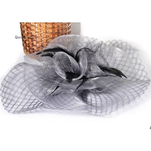Big WOmen Wedding Hat Grey Strip Mesh Feather Fascinator With Hairpin For WOmen Party Kentucky Derby Feather Hair Accessories
