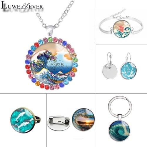 New 609 Wave Glass Necklace Bracelet 25mm 30mm Double Sided Round Glass Cabochon Jewelry For Unisex Charm Pendant