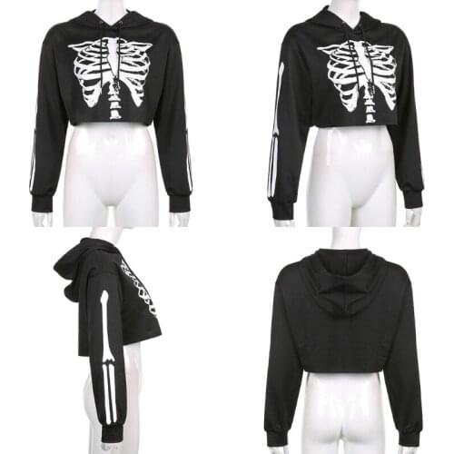 K3NF Women Goth Punk Cropped Drawstring Hoodies Harajuku Breastbone Skeleton Printed Black Sweatshirt Long Sleeve Loose Tops