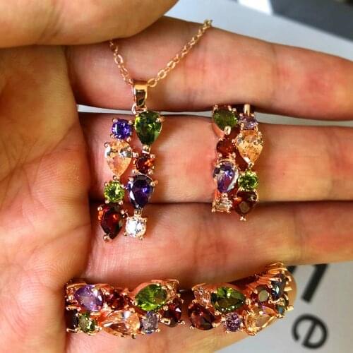 Cute Female Crystal Rainbow Jewelry Set Charm Vintage Rose Gold Chain Necklace Ring Earrings Sets For Women