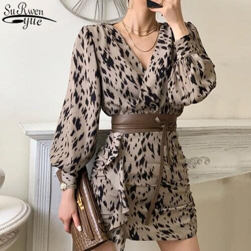 Korean Chic Leopard Printed Womens Dress 2021 V-neck Lantern Long Sleeve Mature Mini Dress with Belt Vestidos 12907