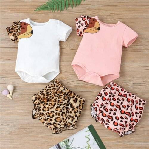 Newborn baby suit baby girl clothes 2021 summer fashion cartoon stitching short-sleeved romper + leopard print shorts 2PCS