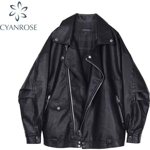 PU Leather Jacket Women Autumn Winter Loose Classic Boyfriend Female Zipper Faux Leather Coat Outwear Black Motorcycle Jackets