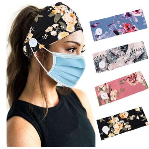 Hot! Headband Women Printed Flower Mask Buttons Hair Band Accessories Ladies Turban Elasticity Sport Bandeau Scrunchie Headwear