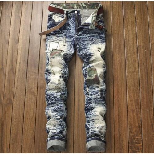 Patchwork Mens camouflage destroyed cotton denim biker jeans patches ripped slim fit pants
