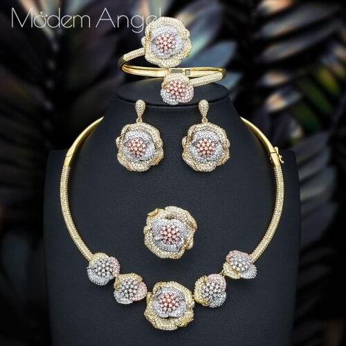 ModemAngel Fashion Luxury Super Boom Flowers African Choker Jewelry Sets Women Wedding Cubic Zircon Dubai Bridal jewelry Set