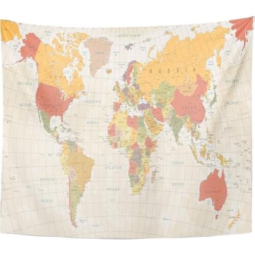 Tapestry Blue Earth Vintage World Map Detailed Brown Color Asia Tapestries Wall Hanging for Living Room Bedroom Dorm