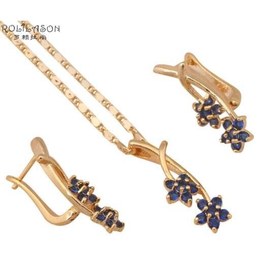 Delicate Flower design Deep Blue Crystal Jewelry Sets Earrings Necklace for women gold Tone Fashion Jewelry JS440