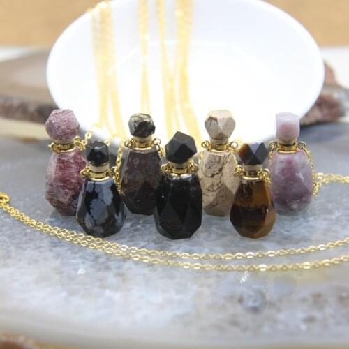 Natural Obsidian Faceted Perfume Bottle Pendants Necklaces,Pink Tourmaline Quartz Essential Oil Diffuser Vial Charms Jewelry