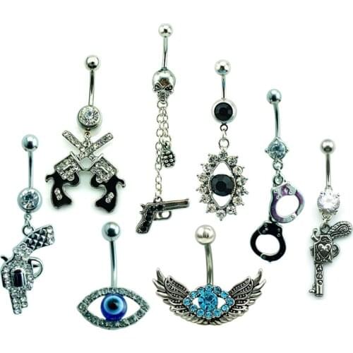 JINGLANG Body Navel Piercing Fashion Belly Button Rings Surgical Steel Skull Barbells Rhinestone Gun Navel Rings Jewelry