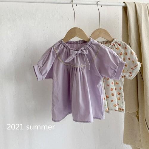 Girls short sleeve doll shirt 2021 summer female baby Korean floral lace bow bubble sleeve shirt