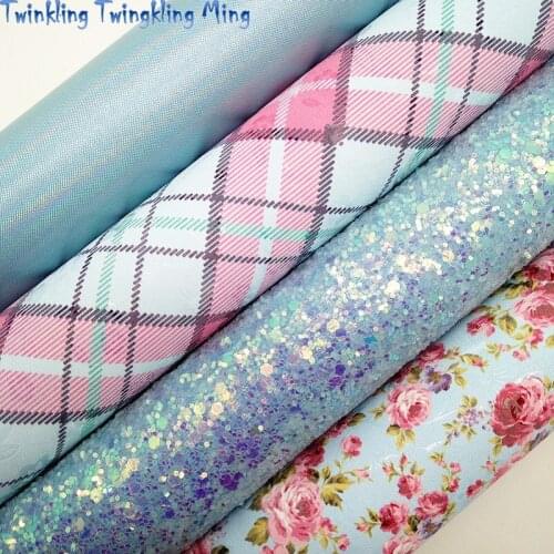 Blue Glitter leather, Flowers Tartan Printed Synthetic Leather, Faux Fabric Sheets For Bow A4 21x29CM Twinkling Ming KM175