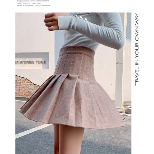 Sutimine 2021 Mini Womens Skirt Winter Woolen Thick Pleated Skirts High Waisted Cute Girls Kawaii Vintage A Line Mini Skirt