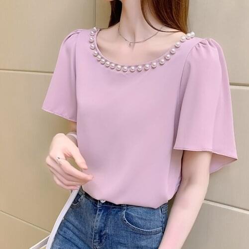 Vetement femme 2021 Chiffon Blouse Short Sleeve Solid Ladies Blusas Mujer Female Dropshipping Shirts for Women Beading Pink 0636