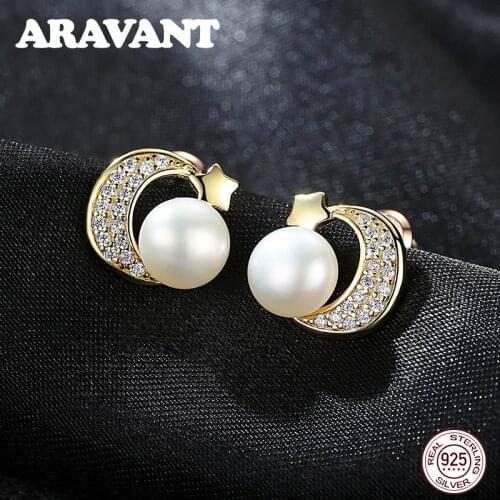 925 Sterling Silver Gold Color Natural Pearl Earrings Star Moon Stud Earrings For Women Engagement Jewelry