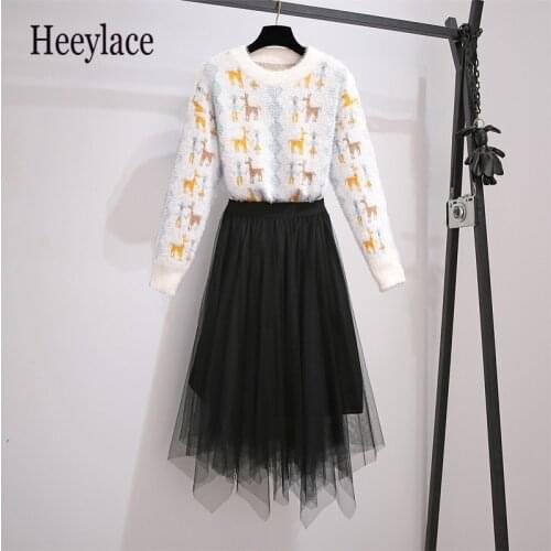 Women Autumn Winter Warm Thinken 2 Pieces Sets Korean Casual Long Sleeve Knitted Sweater And Black Mesh Irregular Skirts Sets