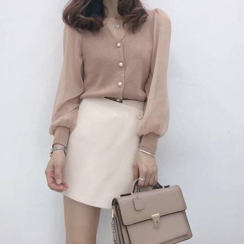 Solid Autumn Spring Womans Knit Cardigan Transparent Lantern Sleeve Ladies Sweater V-Neck Women Cardigan with Buttons