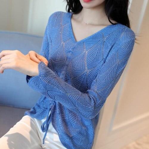 Spring and Summer New Hollow Knitted Sweater Womens Bottoming V-neck Loose Long Sleeve Bright Silk Pullover Blouse