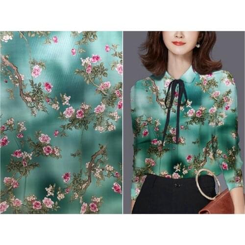 140cm wide 19mm 97% mulberry silk & 3% spandex camellia print stretch green silk satin fabric for dress shirt clothes cheongsam